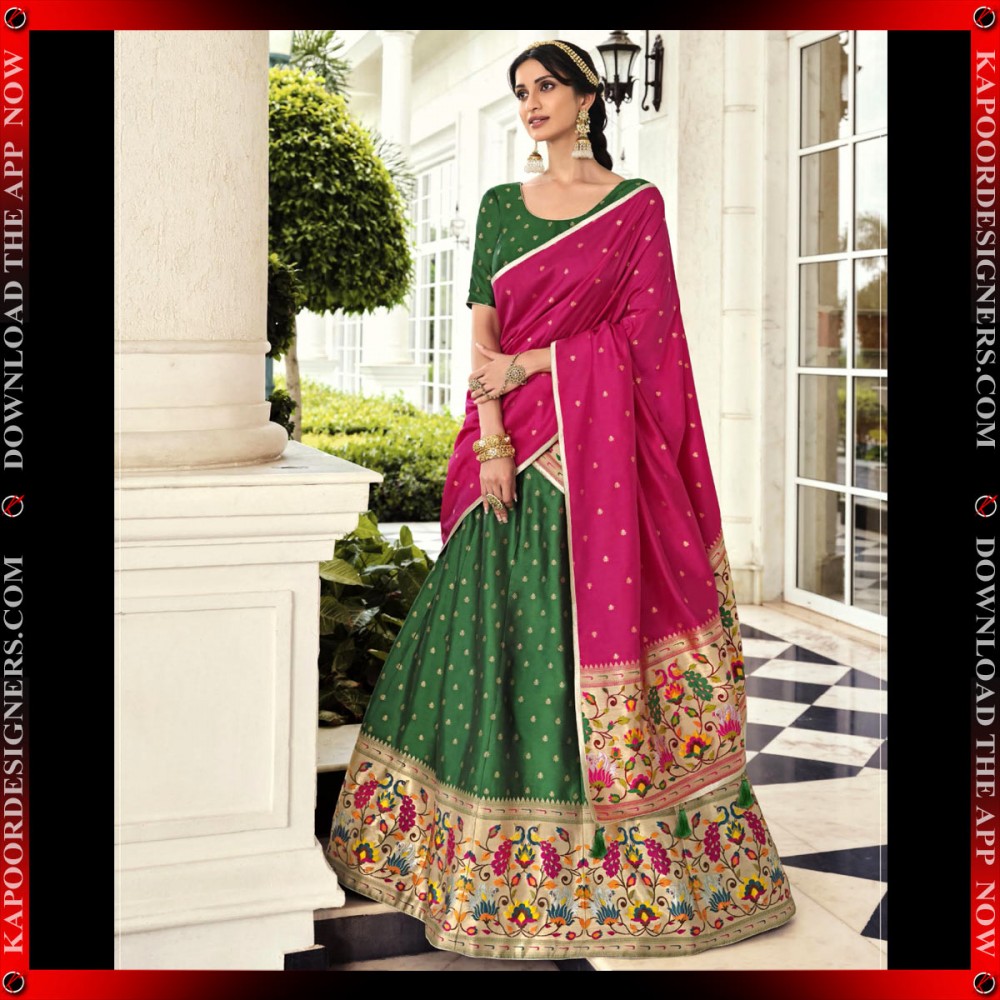 Unique dark green and pink lehenga for the wedding day. See more on  wedmegood.com #wedmegood … | Bridal lehenga choli, Designer lehenga choli,  Lehenga choli online
