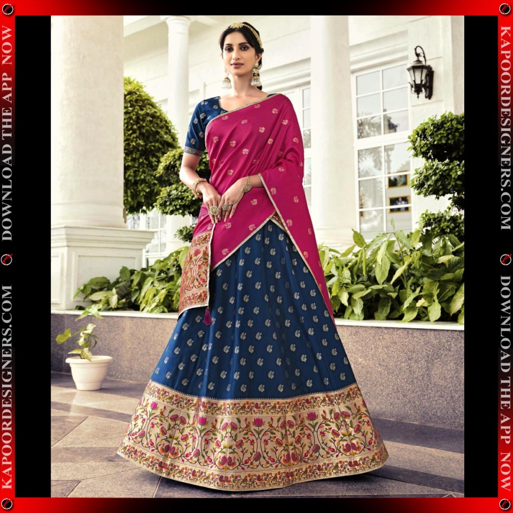 Engagement, Reception, Wedding Blue, Red and Maroon color Banarasi Silk  fabric Lehenga : 1895578
