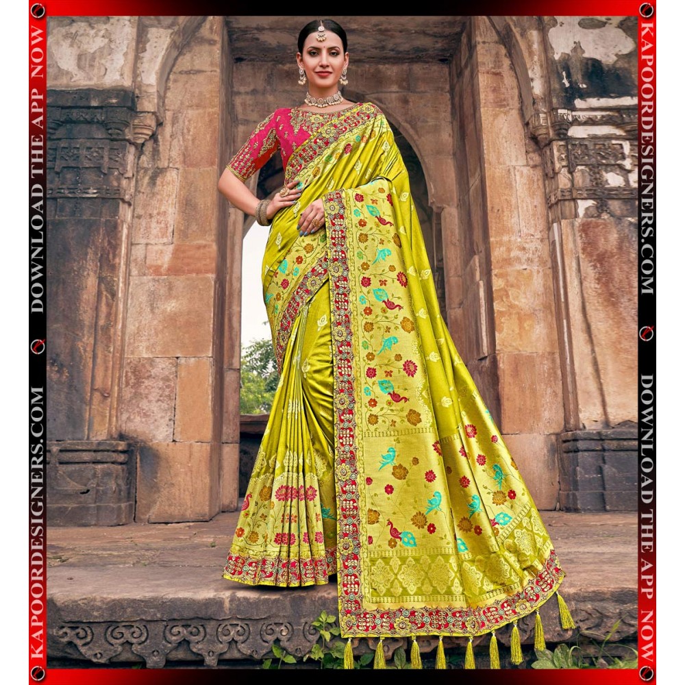 Party Wear, Wedding Yellow color Satin Silk, Silk fabric Saree : 1703669