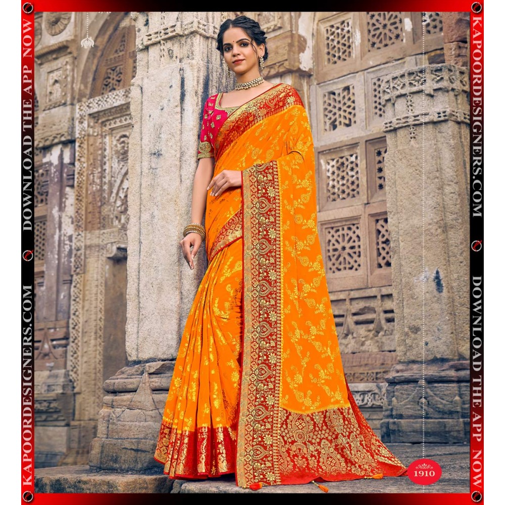 Buy Apricot Orange Zari Butta Banarasi Saree online-Karagiri